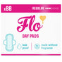 Here We Flo FLO Organic Bamboo Period Pads Megapack, regular absorbency, 88 count. Ultra-absorbent organic bamboo pads with leak proof and fragrance-free protection. Features yellow heart, pad illustration, and benefit icons on the pack.