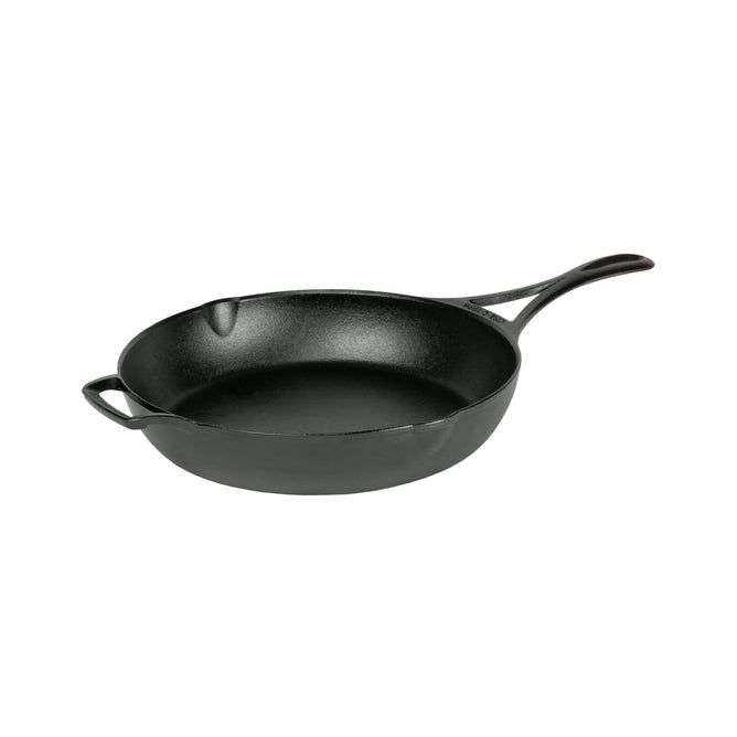 The Lodge Blacklock Blacklock Triple Seasoned Skillet features a black finish, long handle, and small helper handle, displayed against a white background.