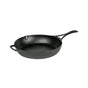 The Lodge Blacklock Blacklock Triple Seasoned Skillet features a black finish, long handle, and small helper handle, displayed against a white background.