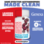 Split image shows a leading kids’ fever medicine with additives (left, red) vs. GENEXA Kids Pain and Fever Chewable with 0% artificial ingredients (right, blue). Text: “Leading brands use artificial ingredients. GENEXA is clean.”.