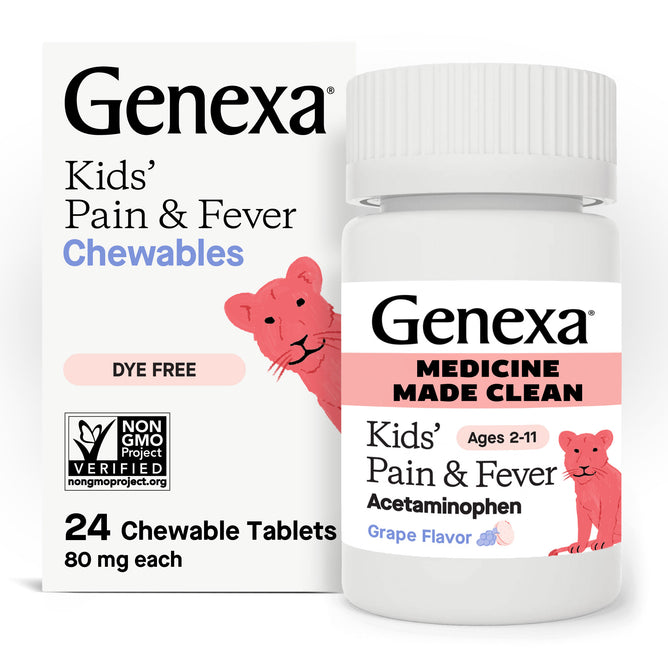 A box and bottle of GENEXA Kids Pain and Fever Chewable, grape flavor for ages 2-11, featuring a pink cartoon lion; this dye-free, non-GMO childrens pain medicine offers gentle relief.