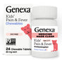 A box and bottle of GENEXA Kids Pain and Fever Chewable, grape flavor for ages 2-11, featuring a pink cartoon lion; this dye-free, non-GMO childrens pain medicine offers gentle relief.