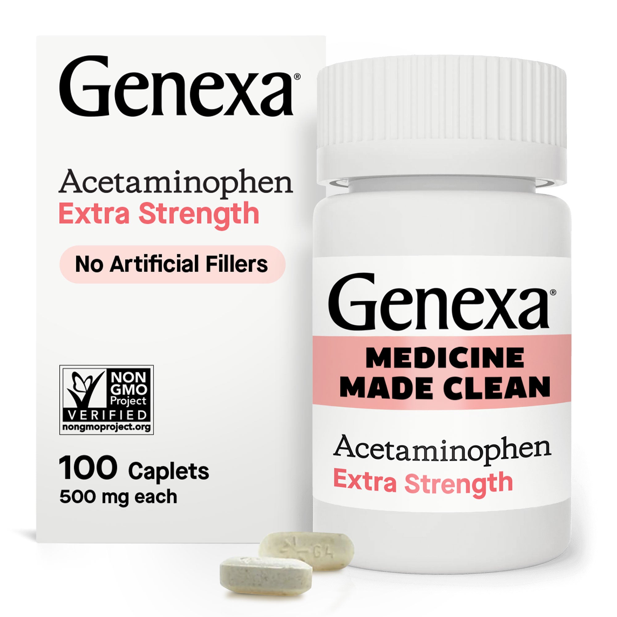 A bottle and box of GENEXA Acetaminophen Extra Strength 100 CT, labeled Medicine Made Clean and No Artificial Fillers, with 500 mg Non-GMO caplets shown; package features two caplets and states 100 caplets per pack.