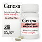 A bottle and box of GENEXA Acetaminophen Extra Strength 100 CT, labeled Medicine Made Clean and No Artificial Fillers, with 500 mg Non-GMO caplets shown; package features two caplets and states 100 caplets per pack.