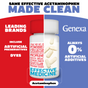 A comparison image shows a pill bottle split in half: one side, Leading Brands with artificial additives; the other, Genexa Acetaminophen Extra Strength 100 CT with 0% artificial additives. Same effective acetaminophen. Made clean.