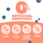 Infographic with blueberries and text: “0% ARTIFICIAL ADDITIVES.” Four icons show that GENEXA Kids Cough & Chest Congestion contains no common allergens, high fructose corn syrup, artificial preservatives, sweeteners, flavors, dyes, alcohol or parabens.