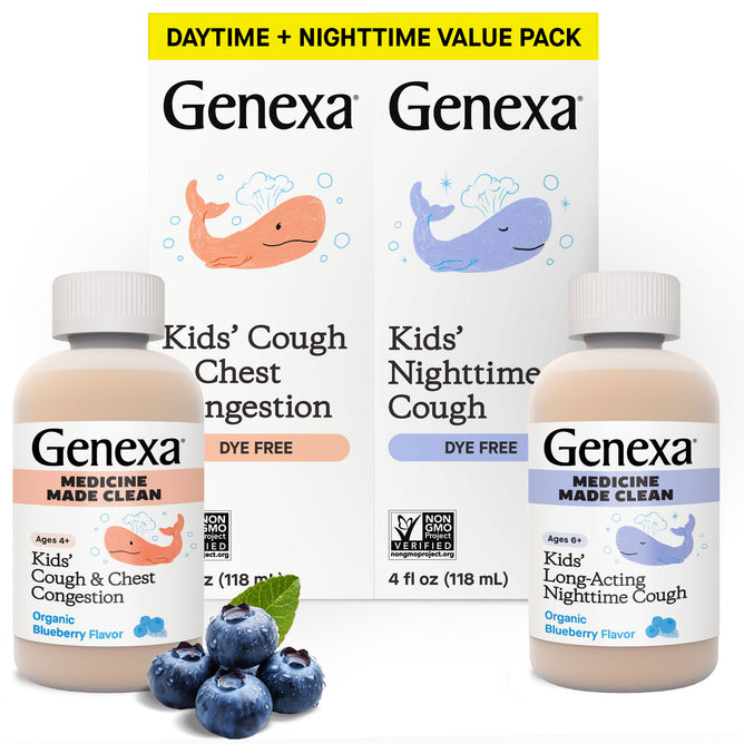 GENEXA Kids Daytime & Nighttime Combo Pack: two bottles—orange for daytime, blue for nighttime—with illustrated whales, packaging in the background, blueberries in front, and a yellow banner on top.