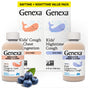 GENEXA Kids Daytime & Nighttime Combo Pack: two bottles—orange for daytime, blue for nighttime—with illustrated whales, packaging in the background, blueberries in front, and a yellow banner on top.