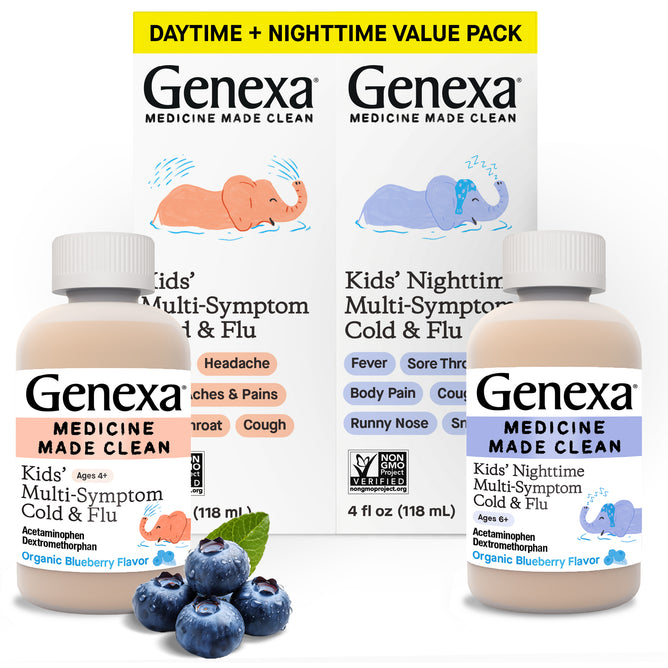 GENEXA Kids Daytime & Nighttime Multi-Symptom packaging showcases playful elephant art and a blueberry, with clear medication benefits listed on the value pack box.