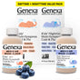 GENEXA Kids Daytime & Nighttime Multi-Symptom packaging showcases playful elephant art and a blueberry, with clear medication benefits listed on the value pack box.
