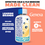 A split bottle compares leading kids’ cold & flu medicines with GENEXA Kids Daytime & Nighttime Multi-Symptom. Left side lists artificial ingredients; right claims “Always 0% artificial additives.” Orange, blue, and white text highlight differences.