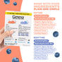 A hand holds a GENEXA Kids Daytime & Nighttime Multi-Symptom box. Orange and blue text lists ingredients. Blueberries and the phrase “MADE WITH GOOD INGREDIENTS PLAIN AND SIMPLE” are also shown.