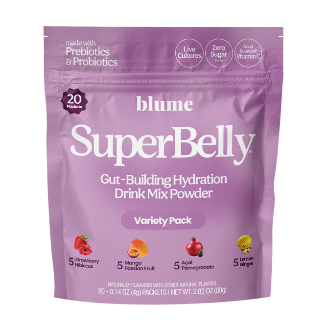 A purple pouch labeled blume SuperBelly Probiotic Hydration Powder Variety Pack features fruit illustrations and icons for prebiotics, probiotics, zero sugar, and vitamin C.