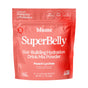 A red pouch labeled blume SuperBelly Gut-Building Hydration Drink Mix Powder Packets, Peach Lychee, highlights gut health with prebiotics, probiotics, live cultures, zero sugar, vitamin C, and includes 15 packets.
