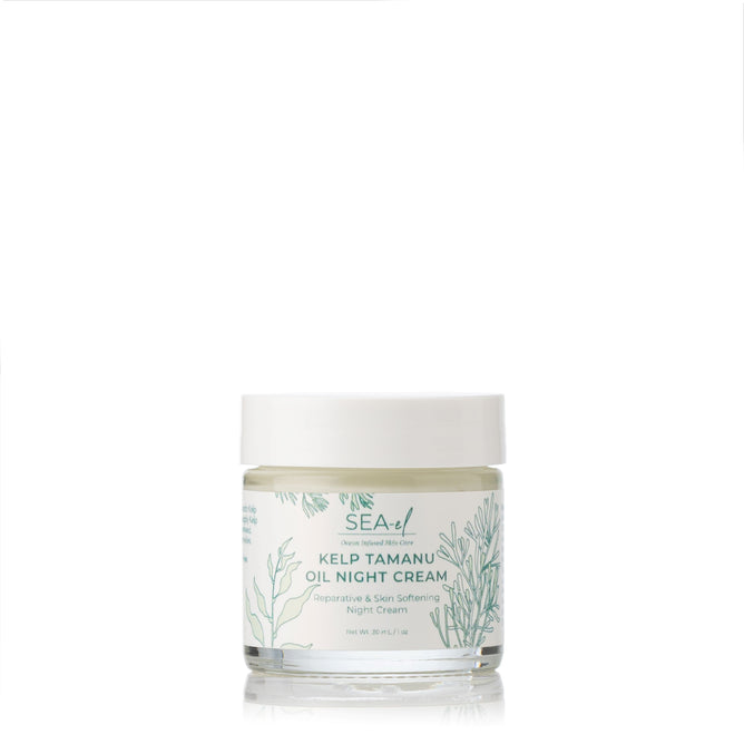 A jar of Sea-el Kelp Tamanu Oil Night Cream with a white lid and botanical illustrations on the label, displayed against a plain white background.