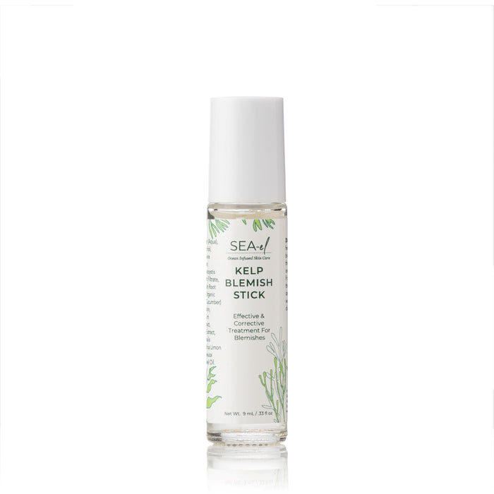 A clear tube of Sea-el Kelp Blemish Stick with a white cap, decorated with green seaweed graphics and promoting tea tree and sea kelp for blemish care, is displayed against a plain white background.
