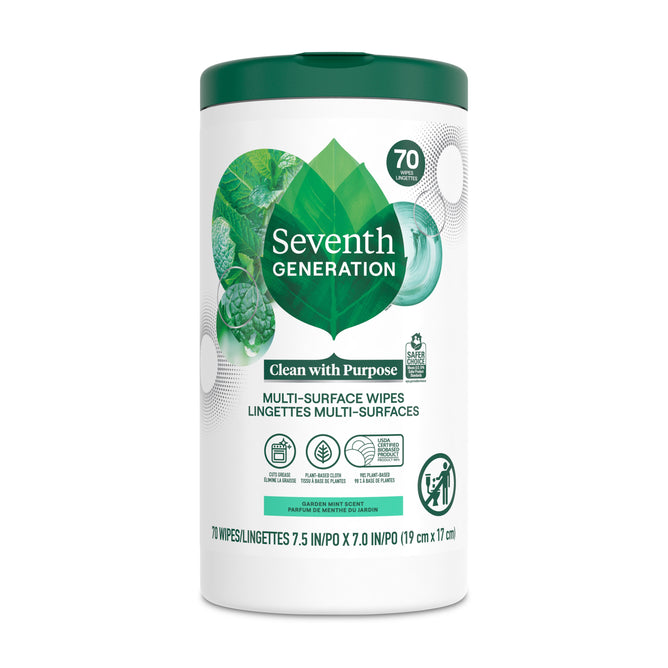 A container of Seventh Generation Multi-Surface Wipes, featuring a green leaf label and the phrase Clean with Purpose. Includes 70 wipes for effective all-purpose cleaning of various surfaces.