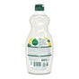 A bottle of Seventh Generation Dish Soap with a green cap and lemon slice and leaf graphics on the label. The back lists product info, ingredients, USDA-certified biobased details, recycling symbols, and notes its dye-free.
