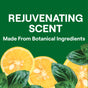 A green background with the text Rejuvenating Scent Made From Botanical Ingredients hovers above a collage of citrus slices and green leaves, evoking the fresh aromas of Seventh Generations All Purpose Cleaner, celebrated for its plant-derived cleaning effectiveness.