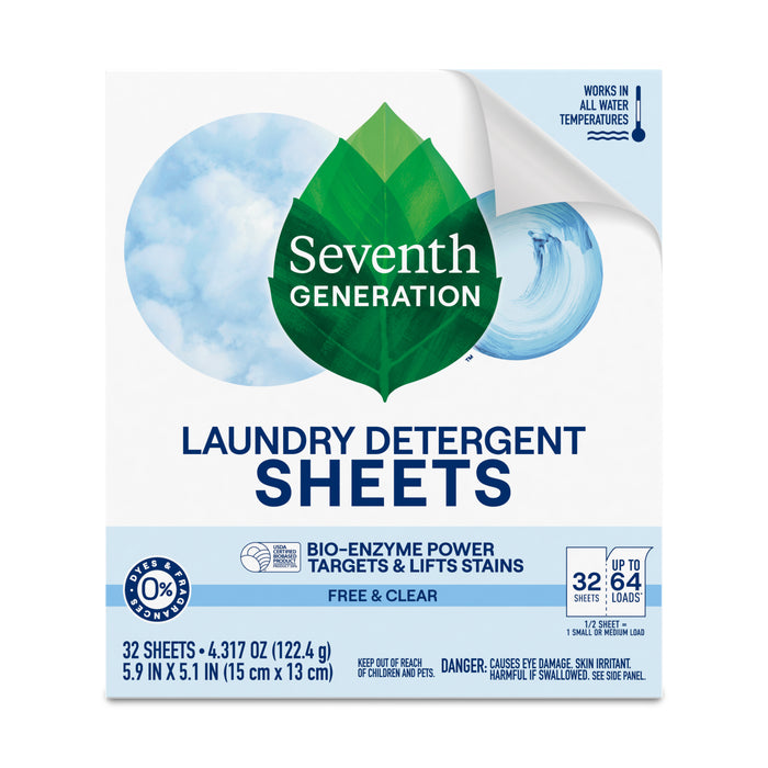 Front of a Seventh Generation Laundry Detergent Sheets box showing a green leaf logo, blue detergent swirl, and text highlighting bio-enzyme power, 32 sheets, and free & clear formula.