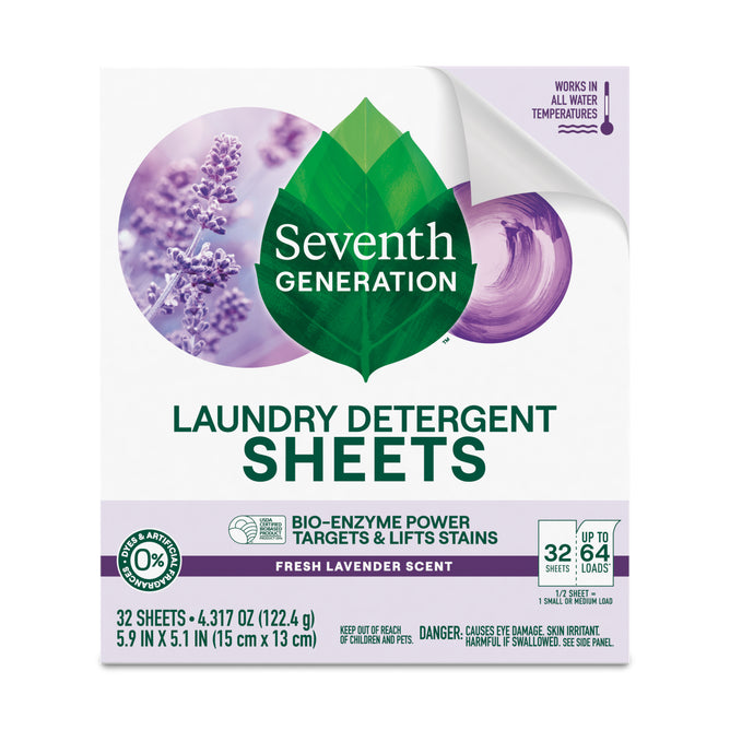 The Seventh Generation Laundry Detergent Sheets box showcases a lavender image and green leaf logo, highlighting a bio-enzyme formula with Fresh Lavender Scent. It contains 32 hypoallergenic sheets for up to 64 loads, offering stain-fighting power.