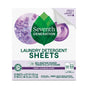The Seventh Generation Laundry Detergent Sheets box showcases a lavender image and green leaf logo, highlighting a bio-enzyme formula with Fresh Lavender Scent. It contains 32 hypoallergenic sheets for up to 64 loads, offering stain-fighting power.