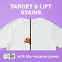 A Seventh Generation Laundry Detergent Sheet is displayed on a purple background and split in half: a brown-stained left side and a clean right side. The text says Target & Lift Stains with bio-enzyme power and includes the USDA Certified Biobased Product logo at the bottom.