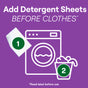 The illustration shows a washing machine, a Seventh Generation Laundry Detergent Sheet labeled 1, and a basket labeled 2. Text on the purple background reads, Add Stain-Fighting Sheets BEFORE CLOTHES* *Read label before use.