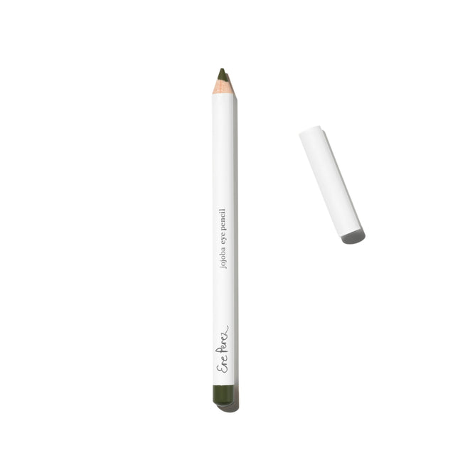 The Ere Perez Jojoba Eye Pencil for sensitive skin is shown with a white body, green tip, and separate white cap against a plain white background.