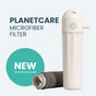 A white PlanetCare 2.0 Filter Cartridges Refill Pack stands upright next to a gray microfiber filter. Text on a teal circle reads "PLANETCARE MICROFIBER FILTER" and "NEW and improved," highlighting closed-loop recycling.