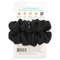 Two black organic cotton KOOSHOO Scrunchies sit on a card emphasizing their eco-friendly, plastic-free, plant-based design with product details and a barcode—perfect zero-waste accessories for sustainable style.