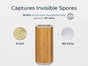 The Windmill Air Purifier Max by Windmill Air sits between two circles: the left shows mold spores at 0 minutes, and the right shows clear air at 60 minutes. Text reads: Captures Invisible Spores—removes 99.95% in 60 minutes with advanced HEPA filter technology. Seal states: 3rd Party Lab Tested for superior air quality monitoring.