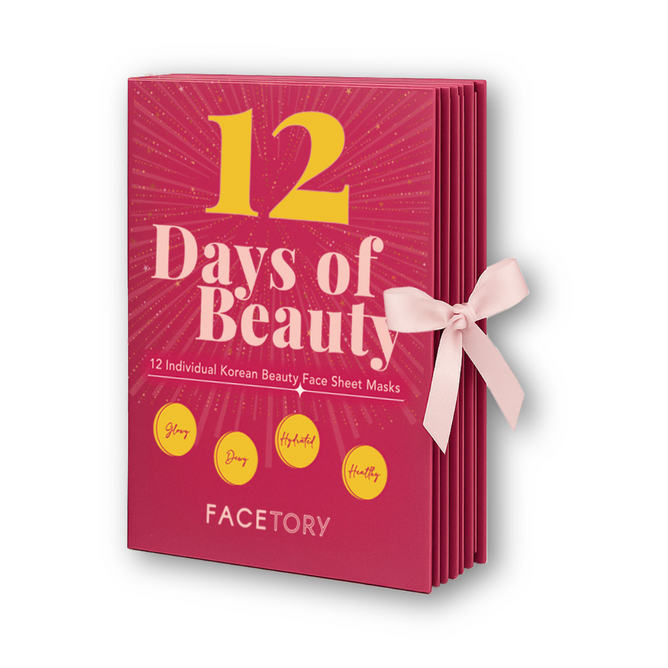 A pink 12 Days of Beauty Sheet Mask Set by FaceTory, tied with a pale pink ribbon, featuring 12 K-beauty sheet masks—an advent calendar perfect for all skin types.