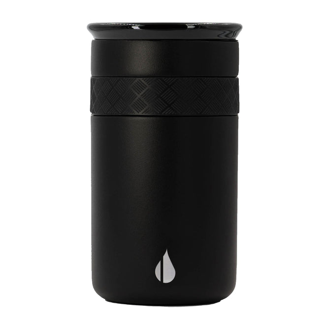 The Elemental Stainless Steel Tumbler with Ceramic Lid, 12oz, features a matte black finish, textured top grip, small white droplet logo at the bottom center, sleek cylindrical design, and a spill-resistant lid.