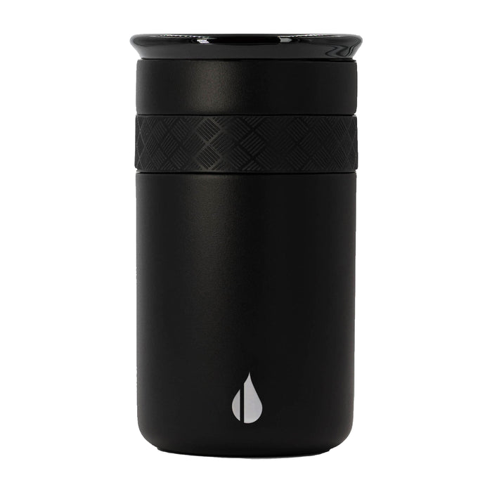 The Elemental Stainless Steel Tumbler with Ceramic Lid, 12oz, features a matte black finish, textured top grip, small white droplet logo at the bottom center, sleek cylindrical design, and a spill-resistant lid.