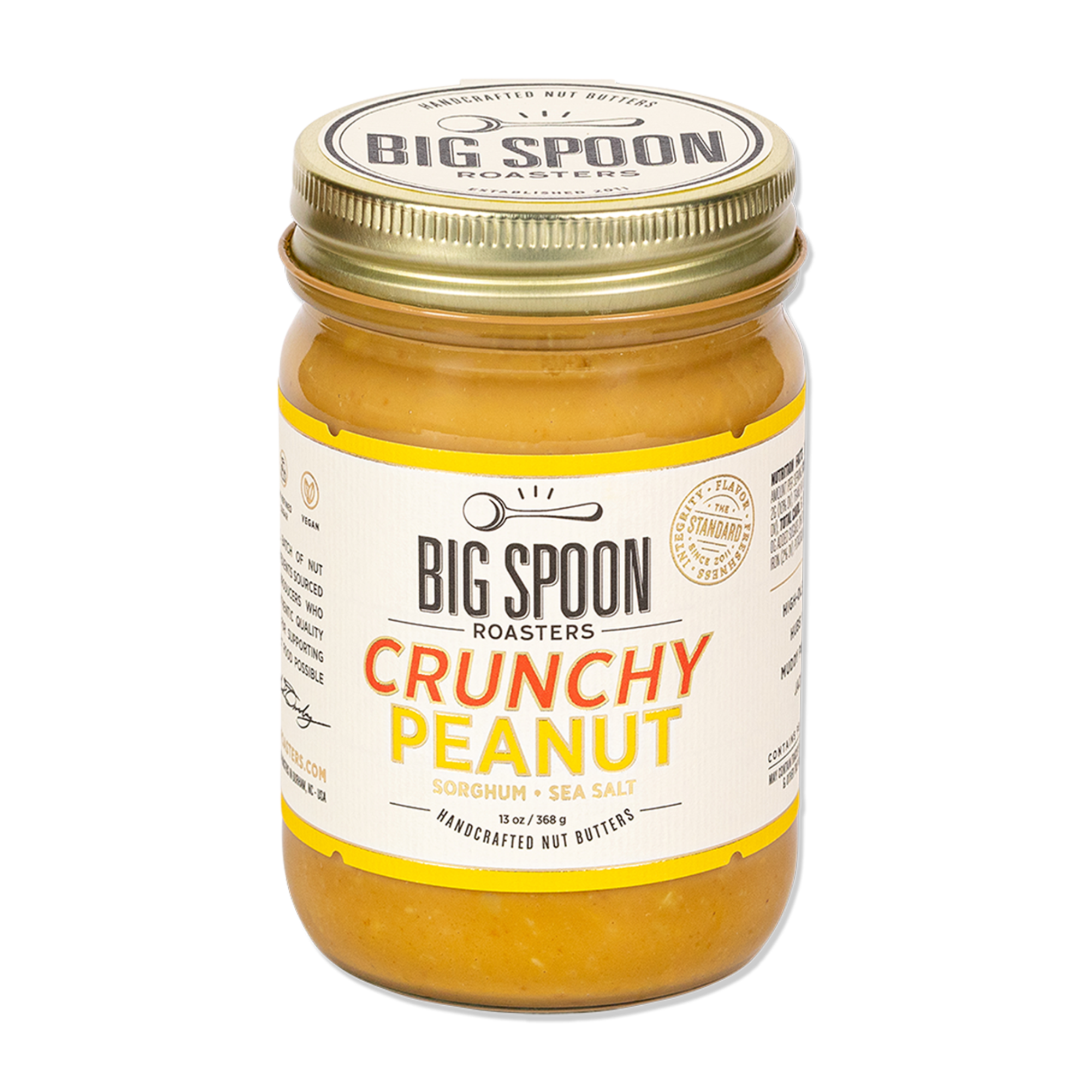 Big Spoon Roasters Crunchy Peanut Butter—made with Virginia peanuts, sorghum, and sea salt—comes in a jar with a gold lid and white label, ideal for gourmet peanut butter lovers.