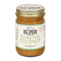 Big Spoon Roasters Toasted Coconut Almond Butter comes in a 13 oz (368g) jar with a gold lid and a white label with green and gold accents, made from heirloom Mission almonds and featuring low sugar.
