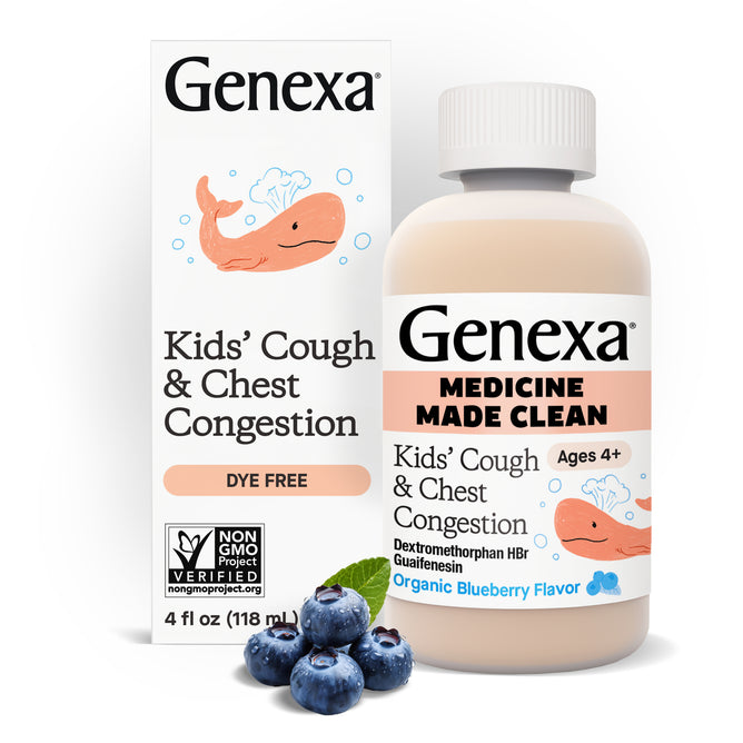 A bottle and box of GENEXA Kids Cough & Chest Congestion, a dye-free cough suppressant for children with organic blueberry flavor and a smiling orange whale, displayed next to fresh blueberries.