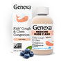 A bottle and box of GENEXA Kids Cough & Chest Congestion, a dye-free cough suppressant for children with organic blueberry flavor and a smiling orange whale, displayed next to fresh blueberries.