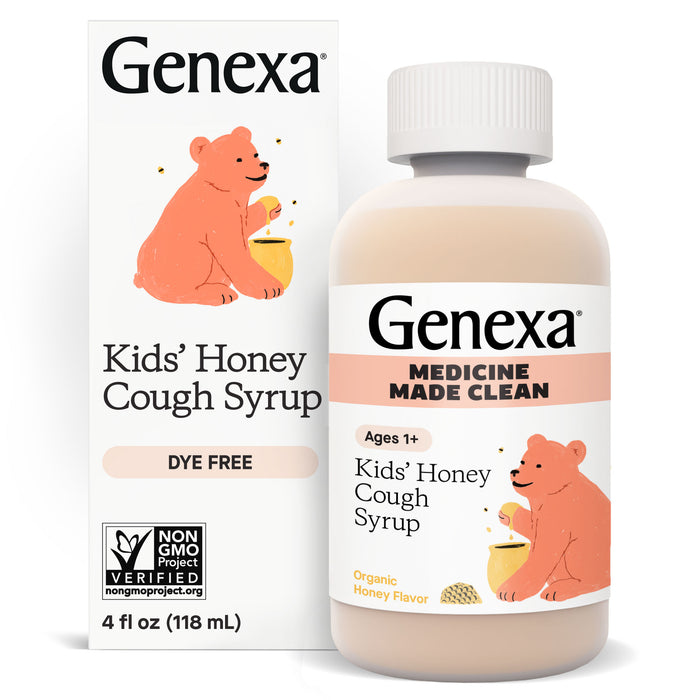 GENEXA Kids Honey Cough Syrup comes in a 4 fl oz (118 mL) bottle and box with a pink bear and honey dipper. This dye-free, non-GMO, organic honey-flavored formula is for ages 1+.