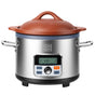The VitaClay® Chef VITACLAY NourishingPot™- VM1688-9 features a stainless steel exterior, digital display with control buttons, convenient side handles, and a natural brown clay lid. Its screen displays a 6-hour timer, making it ideal for preparing bone broth or other slow-cooked meals.