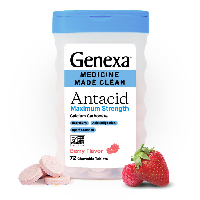 A GENEXA Antacid Maximum Strength bottle with a blue cap, berry flavor chewable tablets, is shown with pink tablets, a strawberry, and a raspberry in front. The label highlights heartburn and acid indigestion relief.