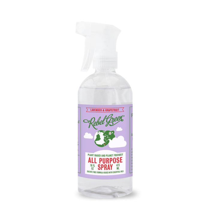 Rebel Green All Purpose Spray is a natural cleaner with essential oils in a lavender grapefruit scent. It comes in a clear spray bottle with a purple label featuring green and red text and an illustration of Earth with two leaves.