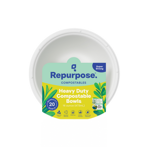 A white compostable bowl made from non-toxic sugarcane scraps features a green and blue label with plant graphics and eco-friendly icons, reading Repurpose Compostable Bigger Bowls, 16 oz (473 mL), 20 count.