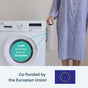 A person in a striped shirt holds a PlanetCare 2.0 Filter Cartridges Refill Pack by a washing machine. Overlay text: “1 refill cartridge lasts for 30 washes.” The EU flag appears with “Co-funded by the European Union.”.