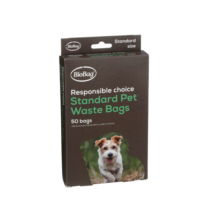 BioBag Standard Pet Waste Bags come in brown packaging with green and white text and feature a smiling dog. Each box includes 50 compostable, fragrance-free bags—a responsible choice for pet owners.