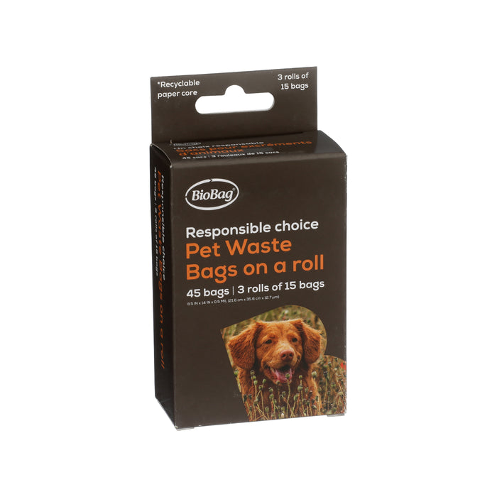 A brown box with a picture of a dog contains BioBag Dog Waste Bags for easy pet clean-up.