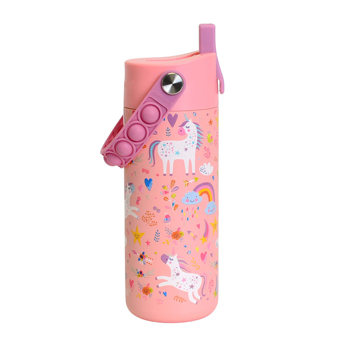 The Elemental Stainless Steel Kids Water Bottle, 18oz, features a pink design with unicorns, hearts, stars, flowers, and rainbows, a leakproof flip lid, and a silicone pop fidget handle with circular accents for easy carrying.