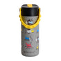 The Elemental Stainless Steel Kids Water Bottle, 18oz, features a gray body, black lid, yellow handle, and a speckled pattern with construction vehicles like excavators, trucks, and cranes. The brand name is printed at the bottom.