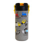 The Elemental Stainless Steel Kids Water Bottle, 18oz, features a gray leakproof design with a black lid, yellow clips, and colorful construction vehicle illustrations—ideal for school or play.